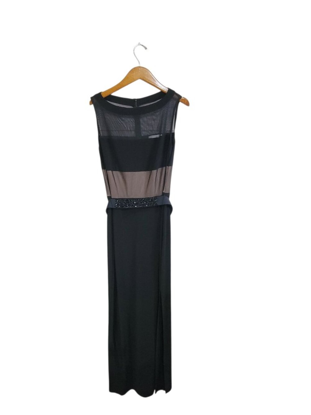 Joseph Ribkoff Illusion Maxi Dress Womens 10 Black Nude Mesh Belted Night Out